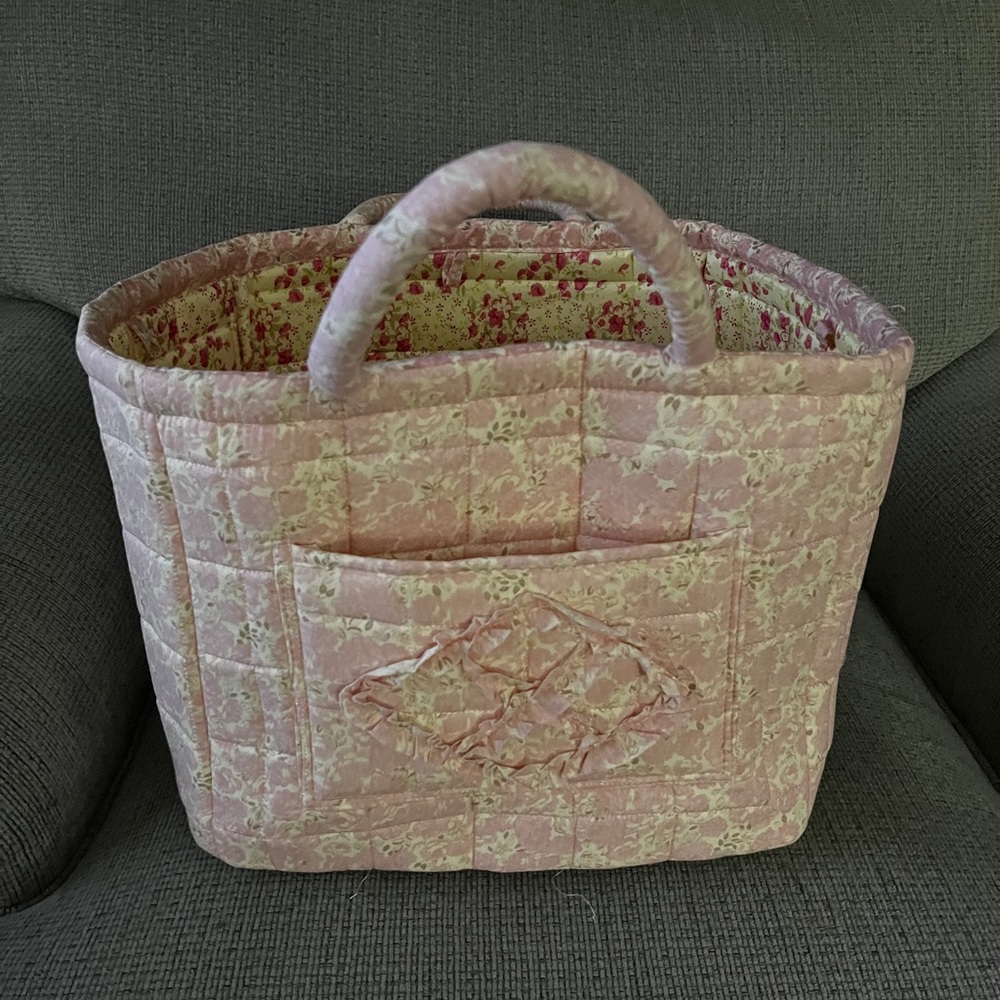 Quilted Pink Floral Tote Storage with Ruffle Detail 11” x 10”